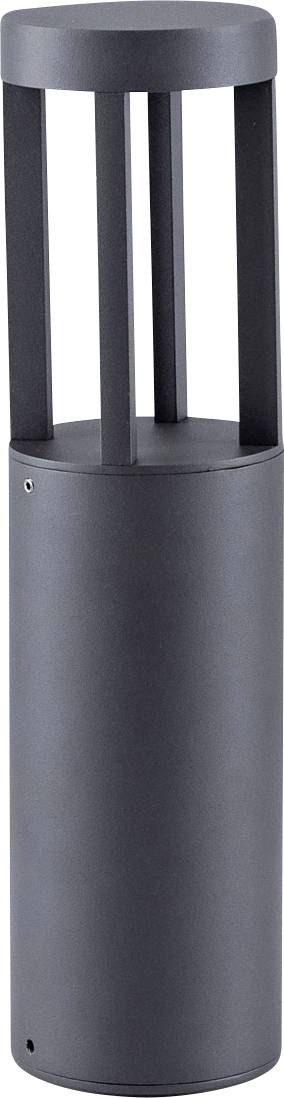 Ein dunkelgraues zylindrisches Außenpollardenlicht mit einer abgerundeten Oberseite und vier vertikalen Stützen rund um die zentrale Öffnung.