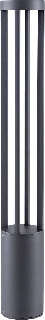 Dunkelgraue zylindrische Außenpollard-Leuchte mit drei vertikalen Leuchtbalken und solider Basis.