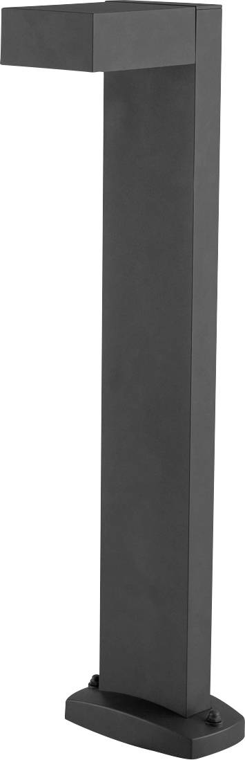 Eine moderne, schwarze Außenleuchte in schlichter, rechteckiger Form, die auf einem Sockel montiert ist.