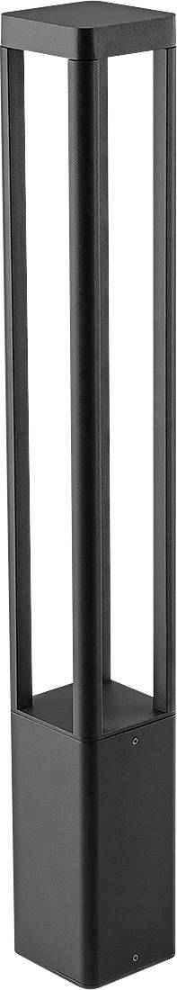 Schwarze Außerpollardleuchte mit quadratischer Oberseite und vier vertikalen Pfosten über einer sich verjüngenden Basis.
