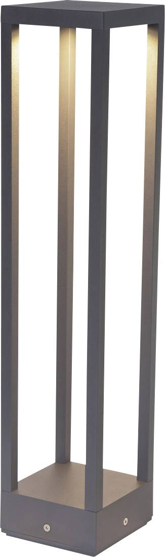 Eine moderne, rechteckige Stehlampe mit offenem Design, die sanftes Licht von oben abstrahlt. Sie steht auf einem quadratischen Sockel.