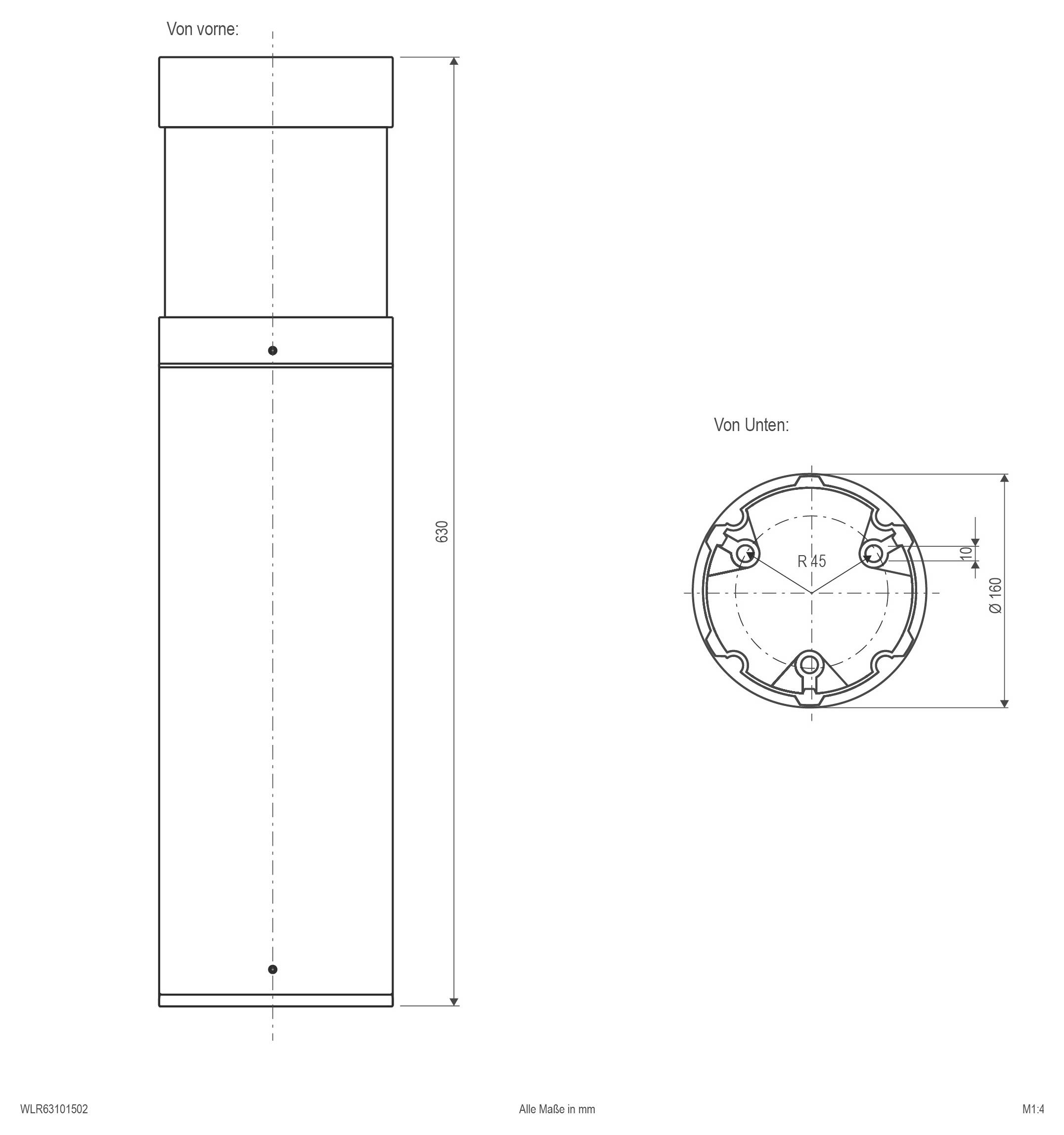 Technische Zeichnung eines zylindrischen Teils mit Vorder- und Bodenansicht, die Abmessungen in Millimetern zeigt, einschließlich einer Höhe von 600 mm und einem Durchmesser von 100 mm.