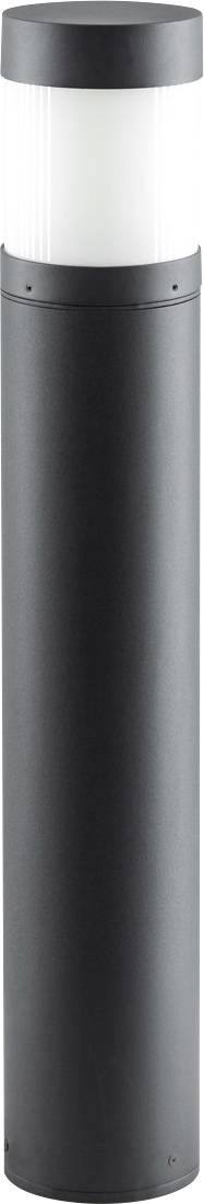 Eine schlichte, zylindrische Außenleuchte aus Metall mit mattem Finish. Oben ein diffuser, durchsichtiger Teil zur gleichmäßigen Lichtverteilung.