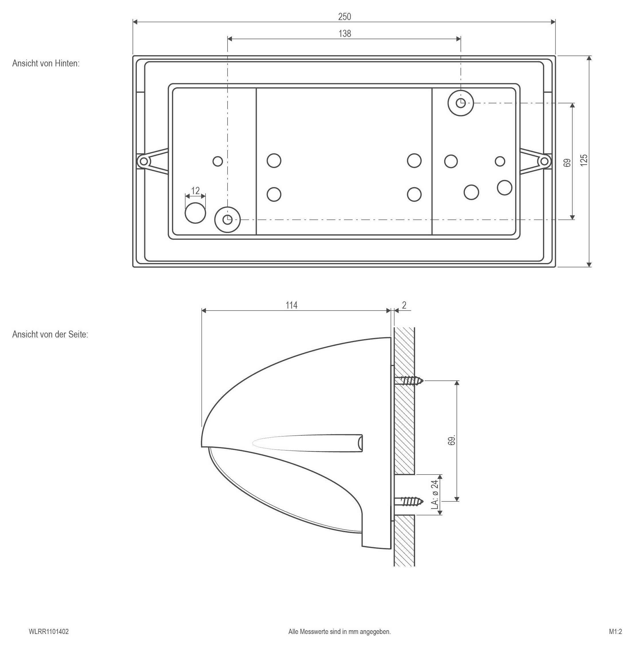 Technische Zeichnung mit Abmessungen eines LED-Netzteils mit Draufsicht und Vorderansicht mit Maßangaben in mm und IP67-Schutzart.