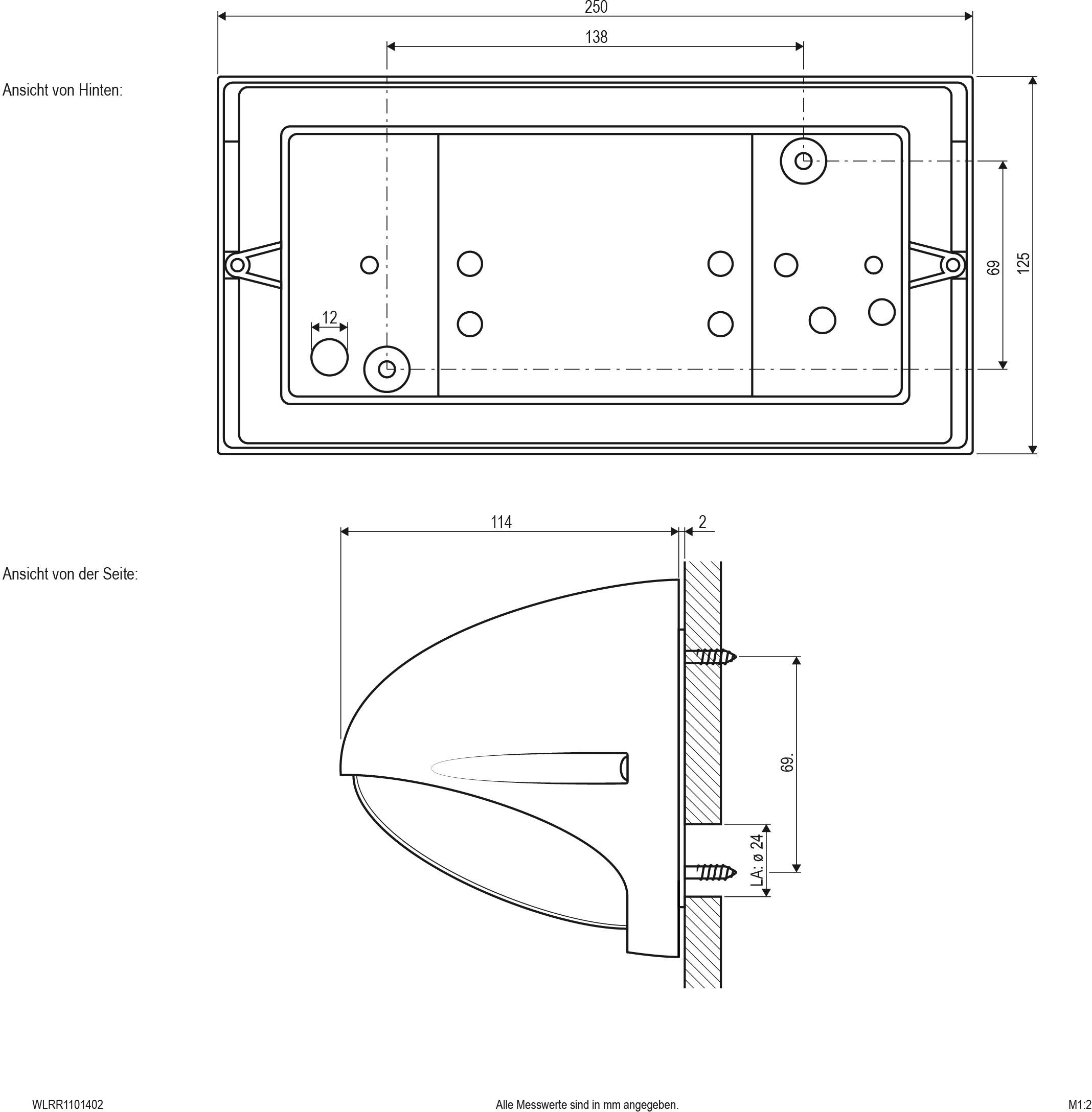 Technische Zeichnung eines Wandmontage-Gehäuses. Oben: Rückansicht mit Befestigungslochmaßen. Unten: Seitenansicht mit Tiefe. Maße in mm.