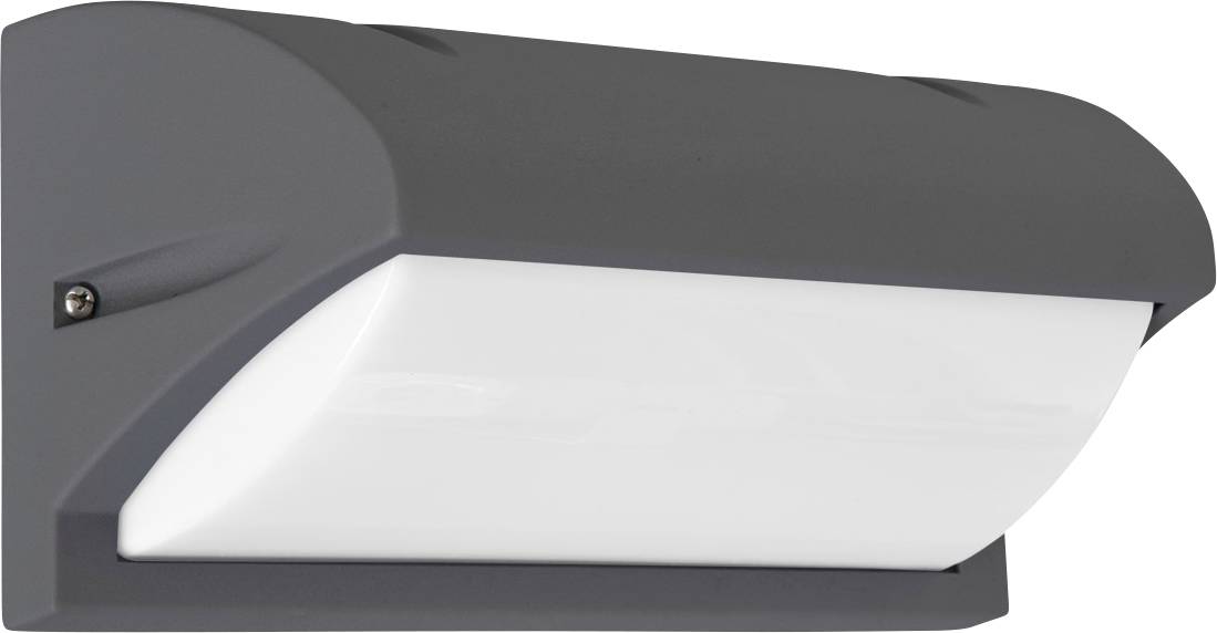 Dunkelgraue Außenleuchte mit rechteckigem Design, montiert an einer Wand. Die Leuchte hat eine weiße Abdeckung, die das Licht streut.
