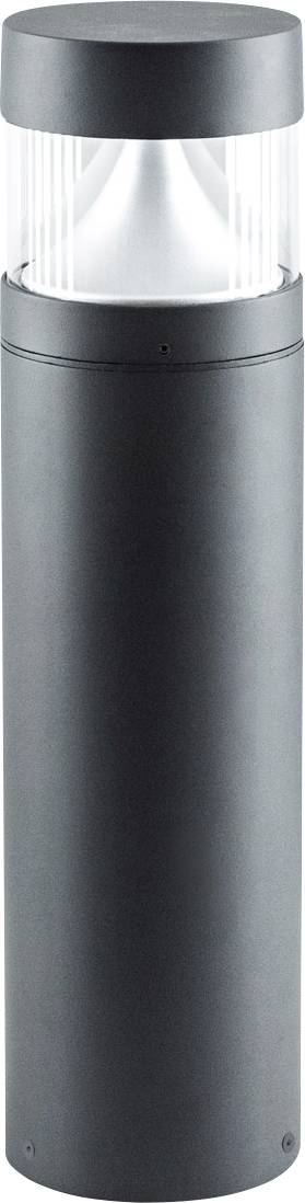 Eine graue, zylindrische Außenleuchte mit transparentem Schirm und einem kunstvollen Innenteil, das für gleichmäßige Lichtverteilung sorgt.