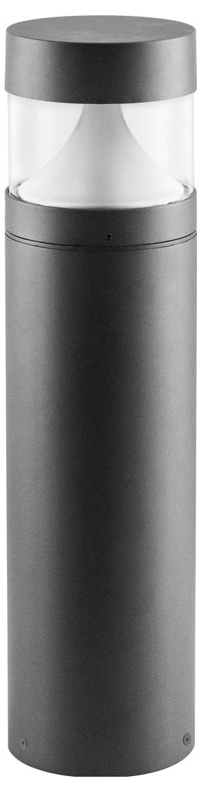 Hohe schwarze Außenpfahlleuchte mit mattiertem Glaskopf und zylindrischem Metallgehäuse, auf einfachem weißem Hintergrund dargestellt.