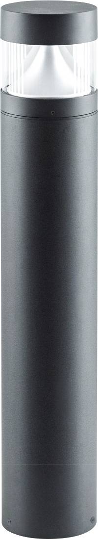 Eine moderne, zylindrische Außenleuchte mit mattschwarzem Gehäuse und klarem Lampenschirm, geeignet für Garten- oder Wegbeleuchtung.