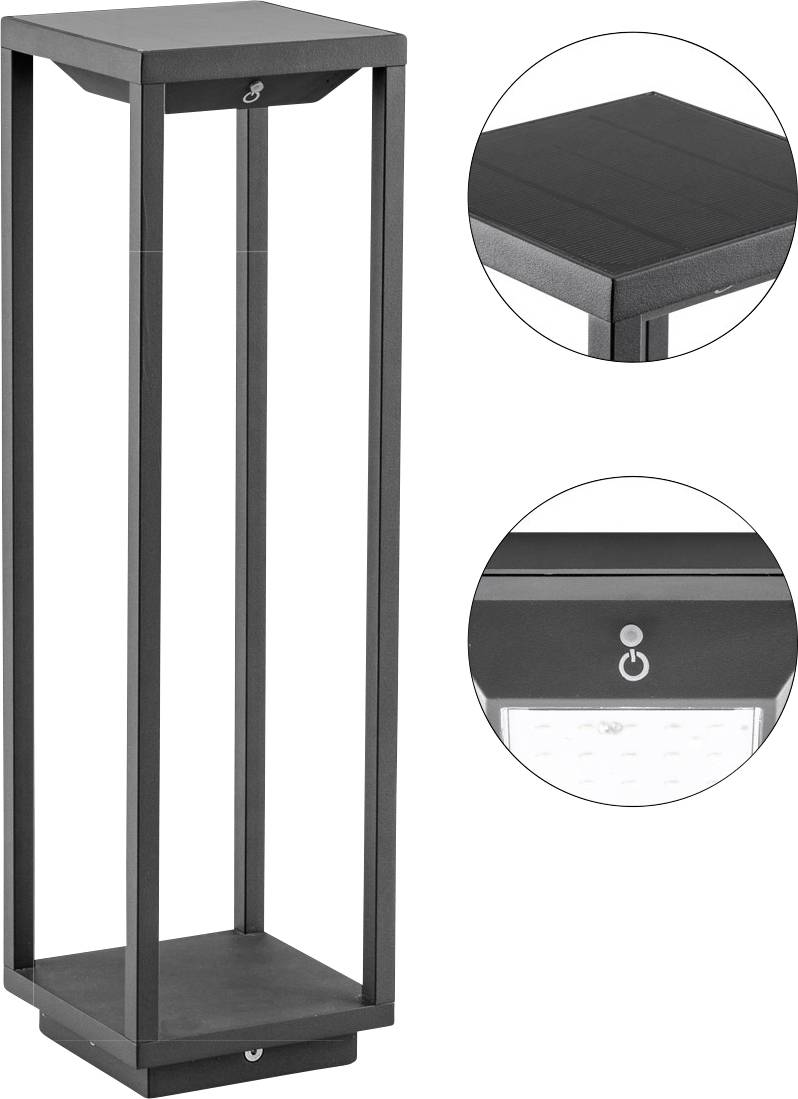 Schwarze rechteckige Außen-LED-Pfostenleuchte mit Solarpanel oben und Stromschalter-Detail, dargestellt mit detaillierten Nahaufnahmen.