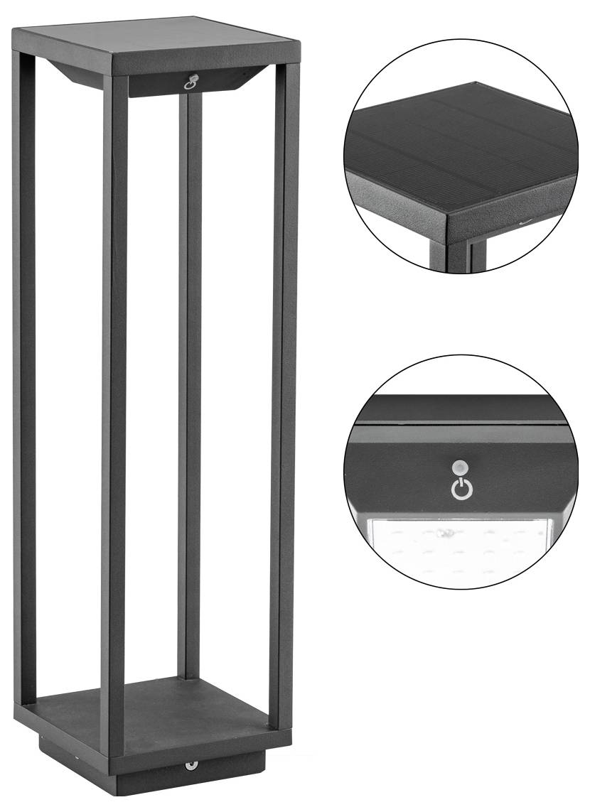 Hohe schwarze rechteckige Stehleuchte mit offener Rahmenstruktur; eingefügte Kreise zeigen die Oberseite und einen Netzschalter an der Basis.