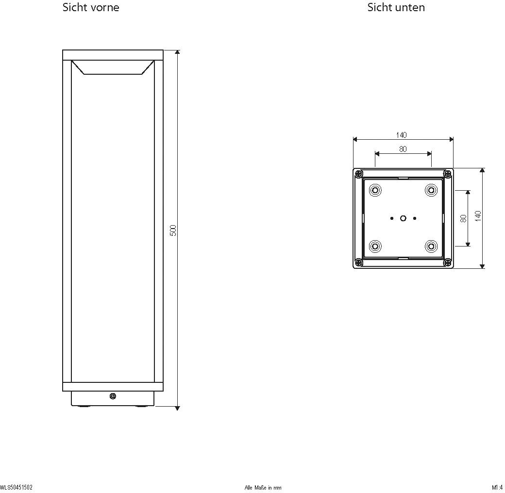 Technische Zeichnung eines rechteckigen Gehäuses mit vorderer und unterer Ansicht. Abmessungen: Breite 80 mm, Tiefe 140 mm, Höhe 520 mm.