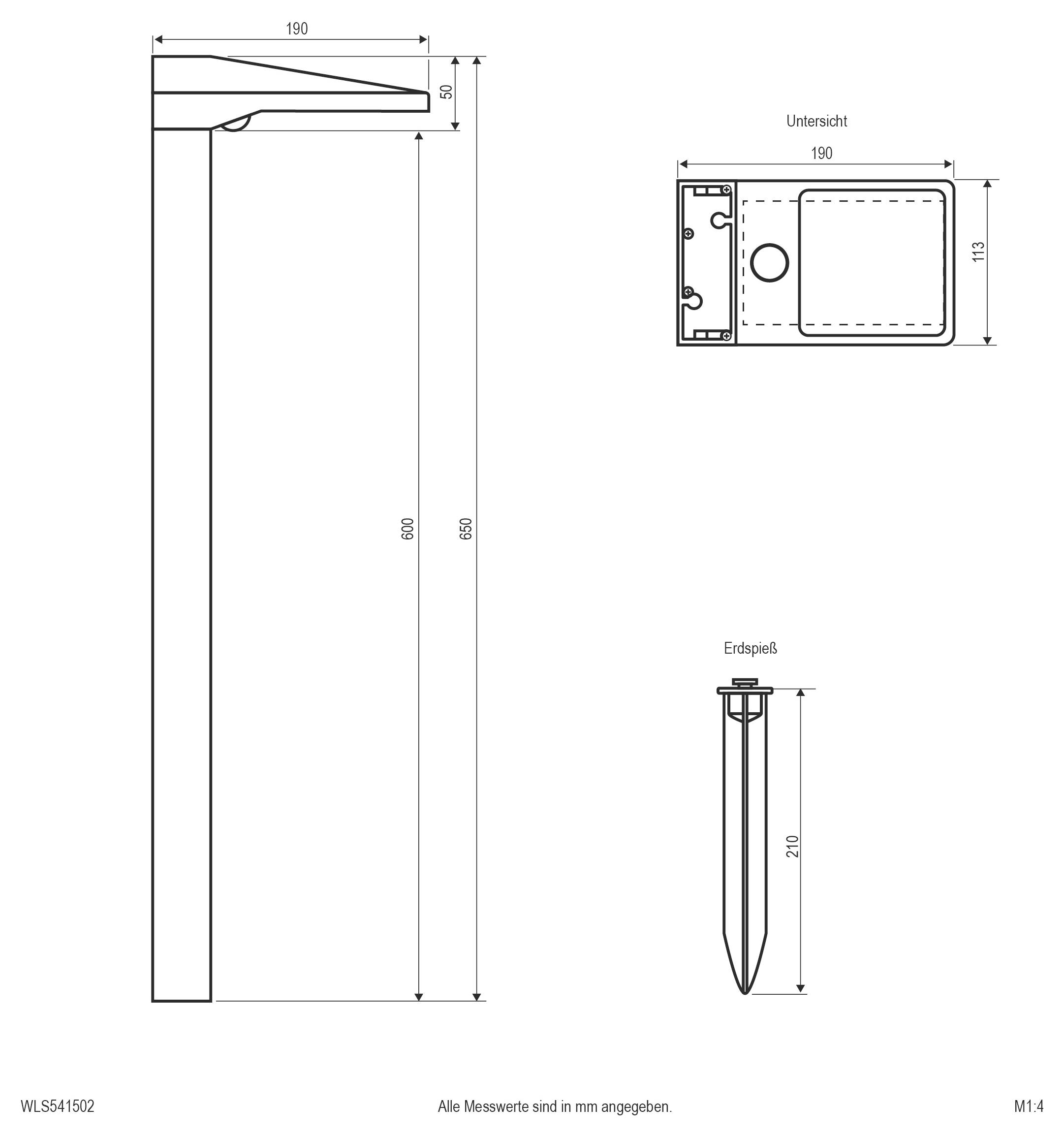 Technische Zeichnung einer Gartenleuchte mit Erdspieß und Draufsicht, Abmessungen in Millimetern: 650 mm hoch, 190 mm breit, 113 mm tief, Spieß 210 mm.