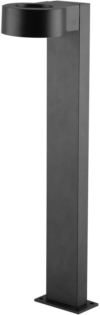Schwarze, moderne Außenleuchte mit geradem, hohem Standfuß und rundem Lampenschirm, geeignet für Garten- oder Gehwegbeleuchtung.