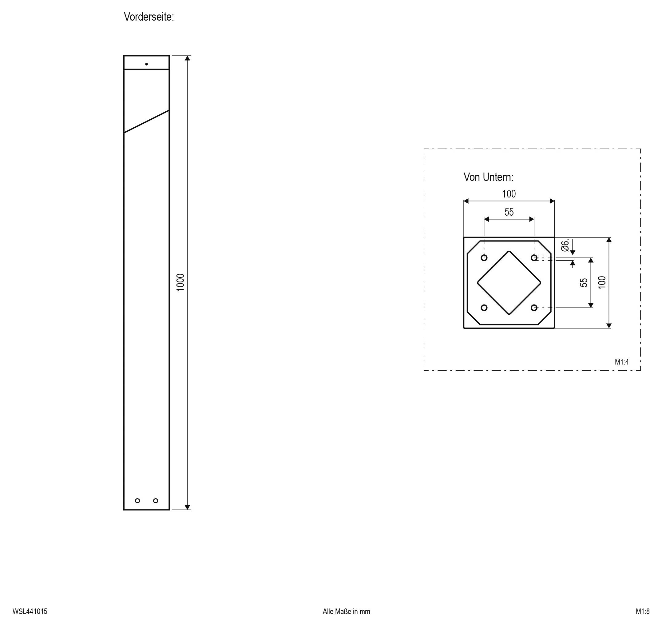 Technische Zeichnung eines 1000 mm hohen rechteckigen Pfosten, dargestellt in Vorder- und Bodenansicht mit Befestigungsloch-Abmessungen in Millimetern.
