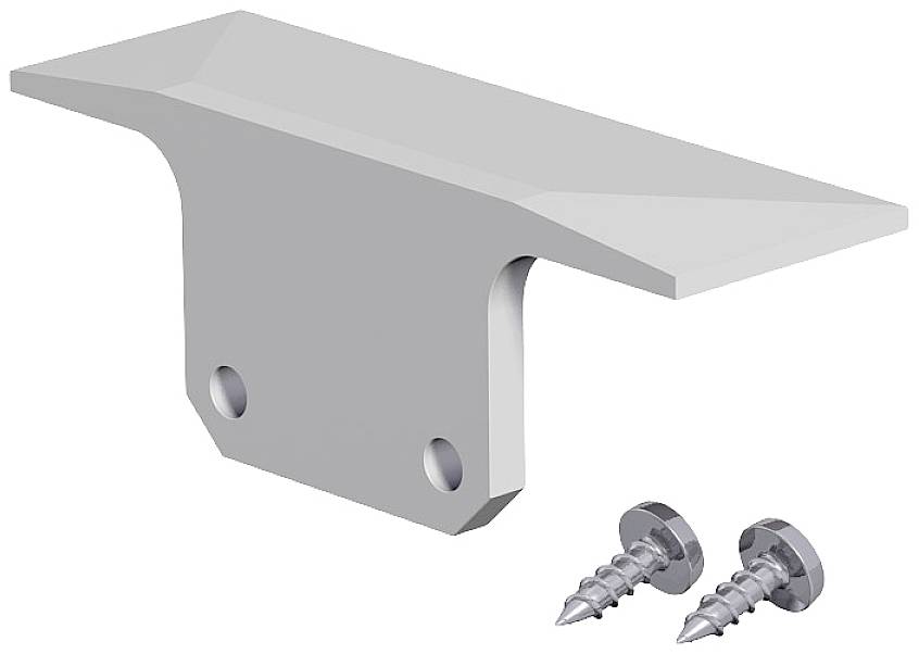 Graue Metallhalterung mit zwei Schraublöchern, begleitet von zwei silbernen Schrauben.