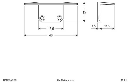 Technische Maßzeichnung einer kleinen Montageklammer mit Vorder- und Seitenansicht mit Maßen in Millimetern: 40 breit, 15 hoch, 18,5 Lochabstand, 1,5 dick, 11,5 tief.