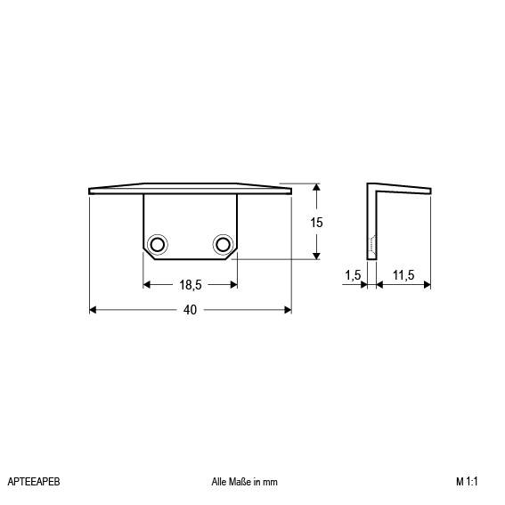 Technische Zeichnung einer Metallwinkelhalterung. Ansicht von oben und von der Seite. Maße: 40mm x 15mm, Materialstärke 1,5mm.