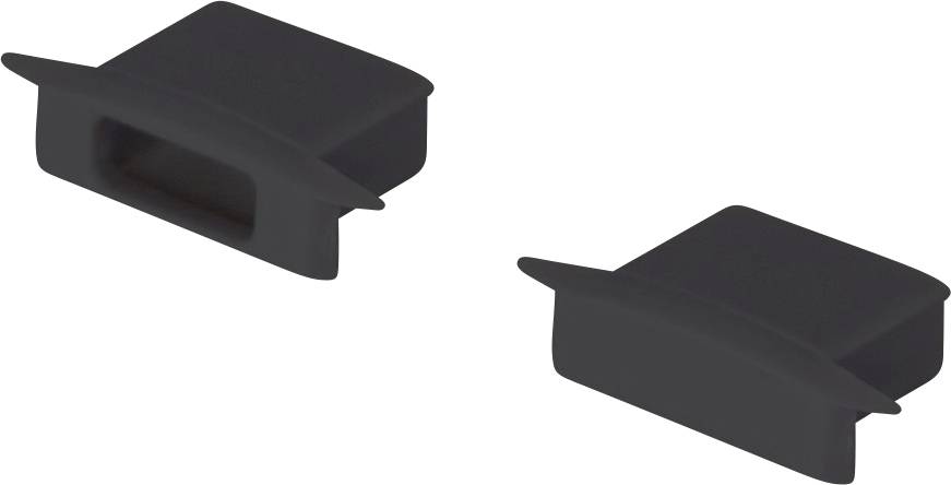 Zwei schwarze rechteckige Kunststoff-Endkappen auf weißem Hintergrund, aus leicht unterschiedlichen Blickwinkeln betrachtet.