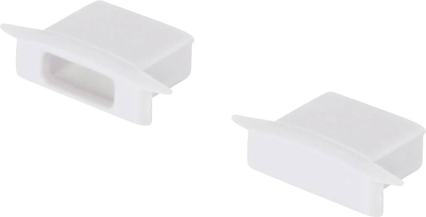 Zwei weiße Kunststoff-Kabelführungsdurchzüge oder Abdeckungen auf weißem Hintergrund dargestellt.