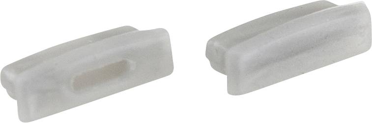 Zwei weiße Kunststoffkabelklemmen mit abgerundeten Kanten, gezeigt auf einem einfachen weißen Hintergrund.