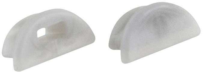 Zwei halbrunde, weiße Kunststoffteile, die als Abstandshalter oder Klemmen dienen könnten, auf neutralem Hintergrund.