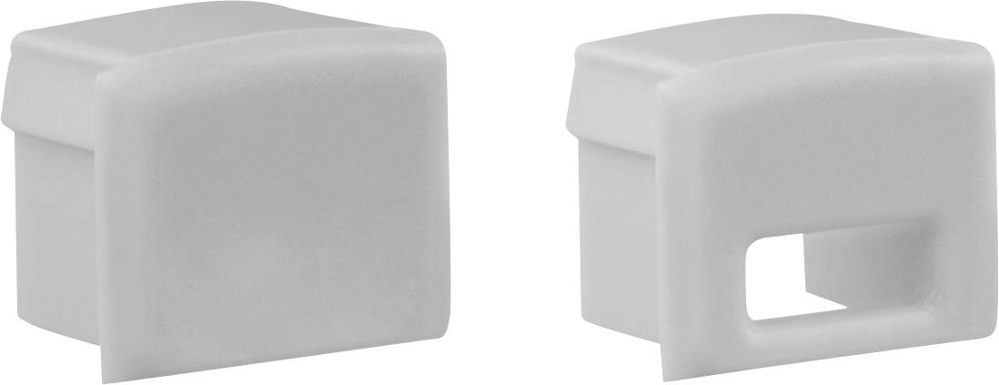 Zwei graue, quadratische Kunststoffkappen, eine mit einer Öffnung an der Seite.