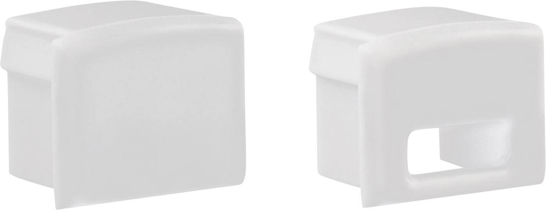 Zwei Ansichten einer weißen Kunststoff-Clip-Abdeckung oder eines Verschlusses, links geschlossen und rechts mit einem rechteckigen Ausschnitt dargestellt.