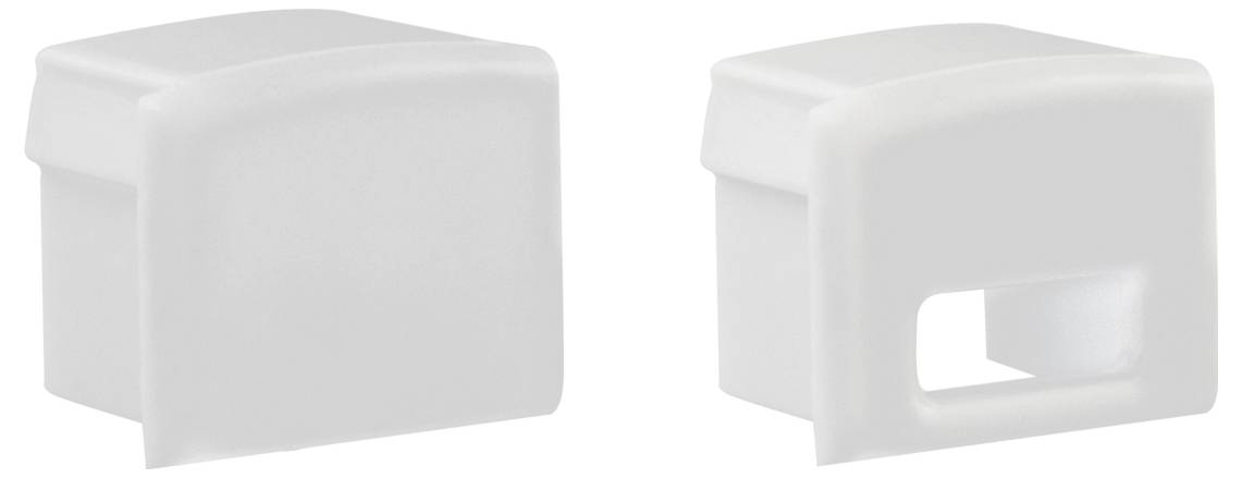 Zwei Ansichten einer kleinen weißen Kunststoffklammer oder Abdeckung, von vorne und von der Seite vor weißem Hintergrund gezeigt.