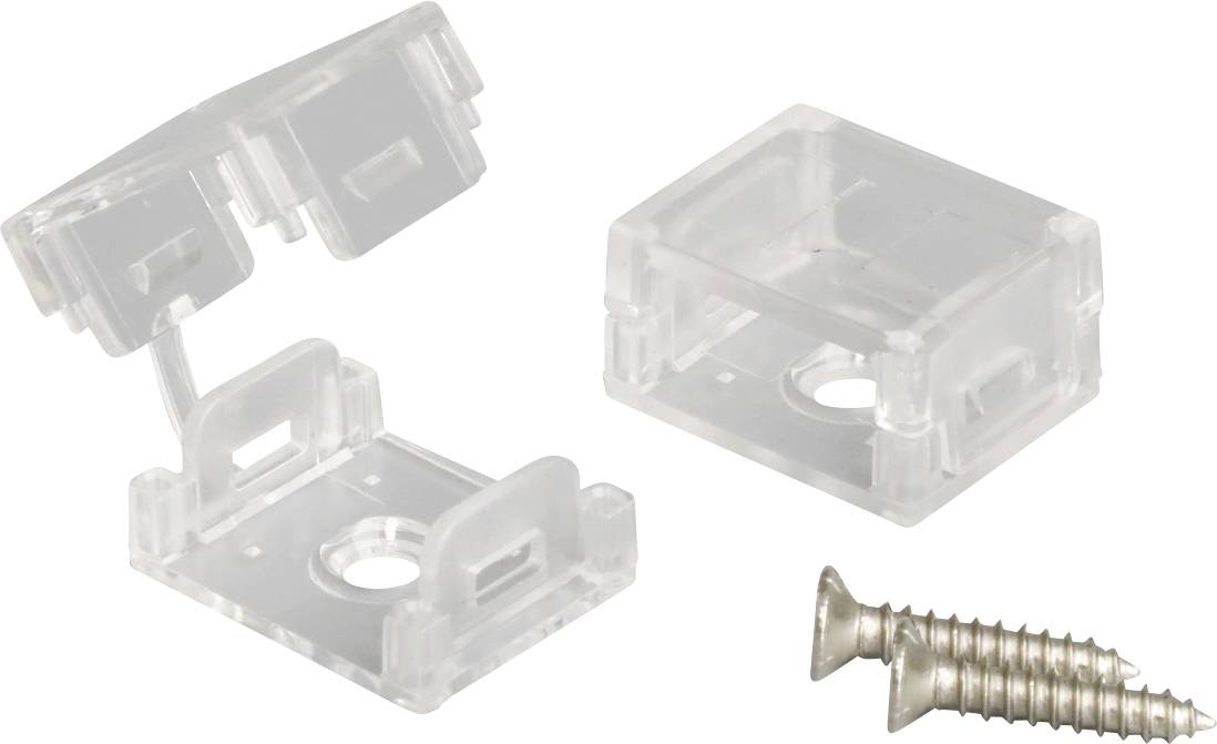 Transparente Kunststoff-Sicherungshalter mit Scharnierdeckeln und zwei Befestigungsschrauben auf weißem Hintergrund.