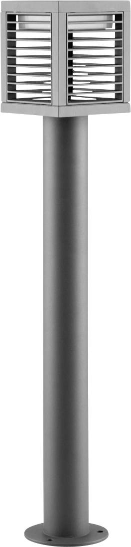 Graue quadratische Außenleuchte mit Gitterdesign auf einem hohen, schlanken Pfosten. Ideal für Garten- oder Bürgersteigbeleuchtung.