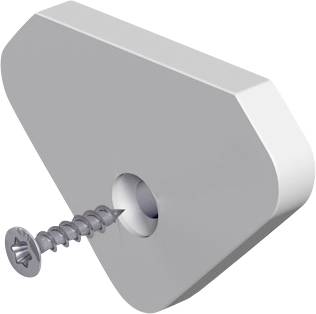 Ein grauer Kunststoffkeil mit einem Schraubloch, in dem eine Schraube schräg eingesetzt wird.