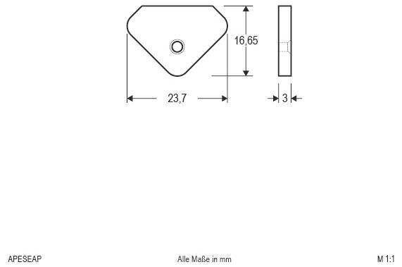 Technische Zeichnung eines kleinen trapezförmigen Teils mit zentriertem Loch, mit den Abmessungen 23,7 mm breit, 16,65 mm hoch und 3 mm dick.