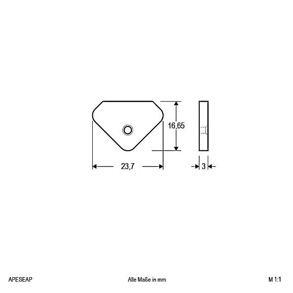 Technische Zeichnung eines fünfeckigen Teils mit Loch in der Mitte. Maße: 23,7 mm Breite, 16,65 mm Höhe, 3 mm Dicke.