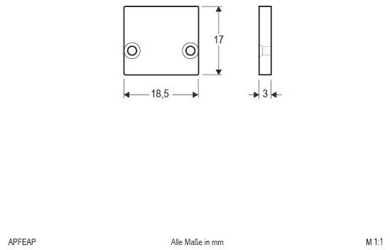 Technische Zeichnung einer kleinen quadratischen Platte mit zwei Bohrungen, dargestellt in Vorder- und Seitenansicht; Abmessungen 18,5 mm breit, 17 mm hoch, 3 mm dick.