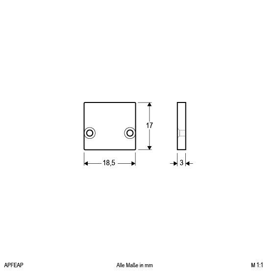 Technische Zeichnung eines rechteckigen Objekts mit den Maßen 18,5 mm Breite, 17 mm Höhe und 3 mm Tiefe. Alle Maße in mm.
