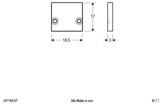 Technische Zeichnung einer rechteckigen Platte mit zwei Bohrungen; angegebene Abmessungen sind 18,5 mm breit, 17 mm hoch und 3 mm dick.