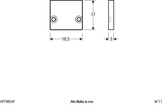 Technische Zeichnung eines rechteckigen Bauteils mit Maßen: 18,5 mm Breite, 17 mm Höhe, 3 mm Tiefe. Maße in Millimetern angegeben.