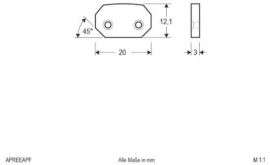 Technische Zeichnung einer sechseckigen Platte mit zwei Löchern, gekennzeichnet mit den Abmessungen 20 mm breit, 12,1 mm hoch, 3 mm dick und 45° abgewinkelten Seiten.