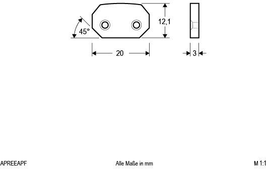 Technische Zeichnung eines Bauteils mit Abmessungen: Länge 20 mm, Breite 12,1 mm, Dicke 3 mm, Winkel 45°, alle Maße in mm angegeben.