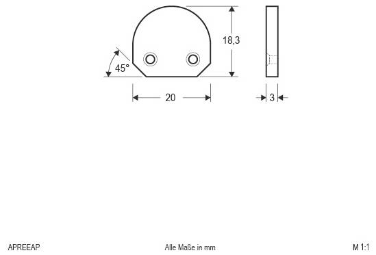 Technische Maßzeichnung einer kleinen abgerundeten Platte mit zwei Bohrungen, beschriftet mit 20 mm Breite, 18,3 mm Höhe, 3 mm Dicke, mit 45°-Fasungen und Maßangaben in Millimetern.
