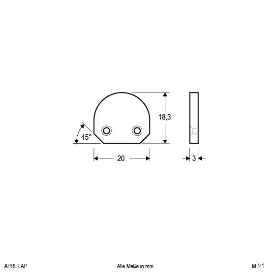 Technische Zeichnung eines Halbrunds mit Bohrungen, Kantenwinkel von 45 Grad und Maßen 20 mm Breite, 18,3 mm Höhe, 3 mm Dicke.