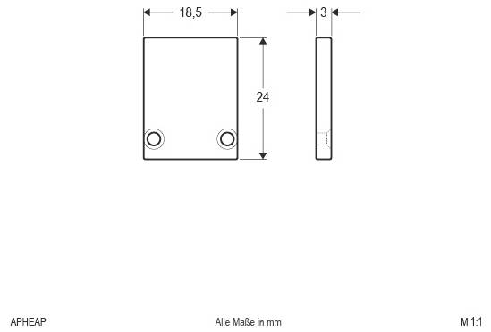 Technische Zeichnung einer kleinen rechteckigen Platte, Front- und Seitenansichten, beschriftet mit 18,5 mm Breite, 24 mm Höhe und 3 mm Dicke, mit zwei unteren Löchern; alle Abmessungen in Millimetern.