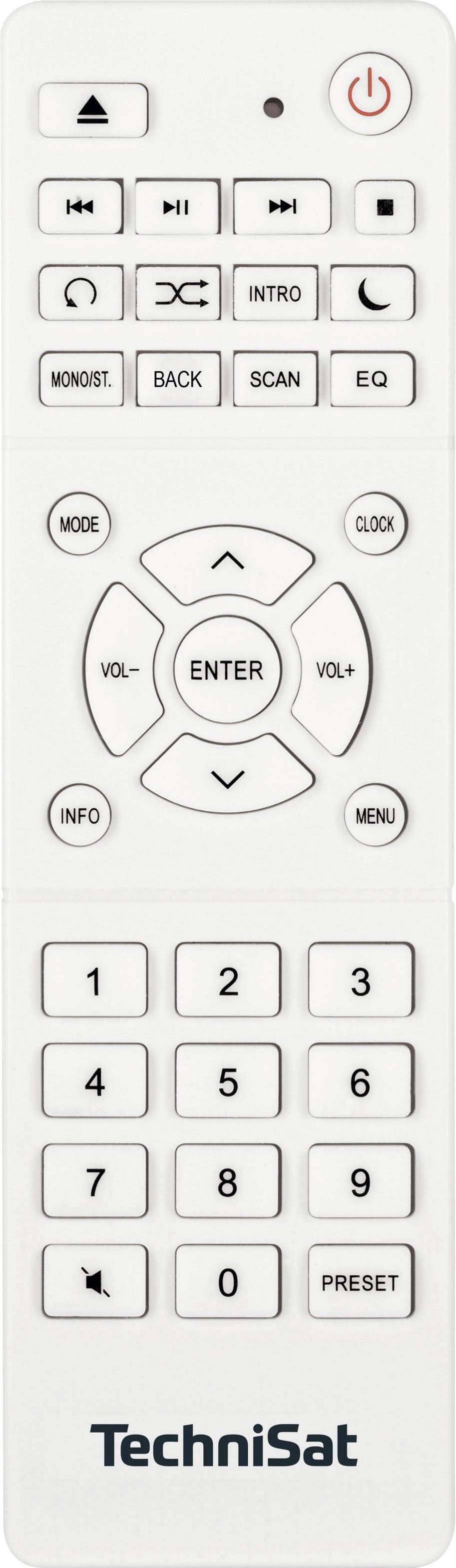 Weiße Fernbedienung mit Tasten für Lautstärke, Modus, Info, Menü und numerischer Tastatur. Markenname 'TechniSat' am unteren Rand.