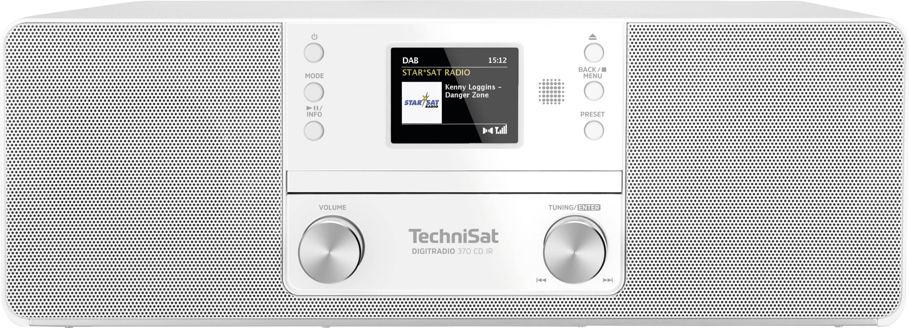 Das Bild zeigt ein weißes Digitalradio mit Display in der Mitte, das 'Star FM Radio' abspielt. Unten sind Lautstärkeregler.