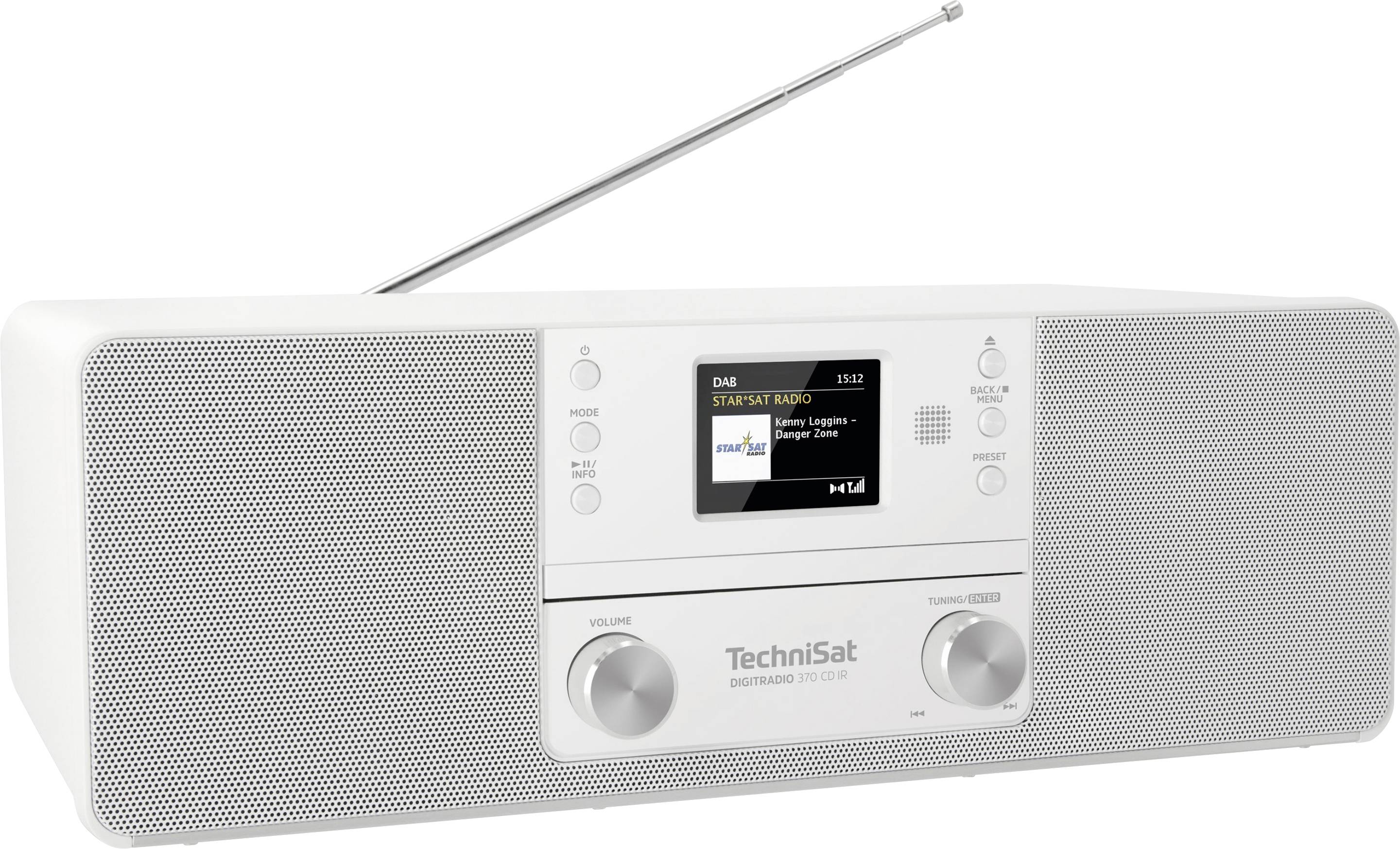 Ein weißes DAB-Radio mit zwei Drehreglern und einem kleinen Display, das 'TechniSat' anzeigt. Eine Antenne ist oben ausgezogen.