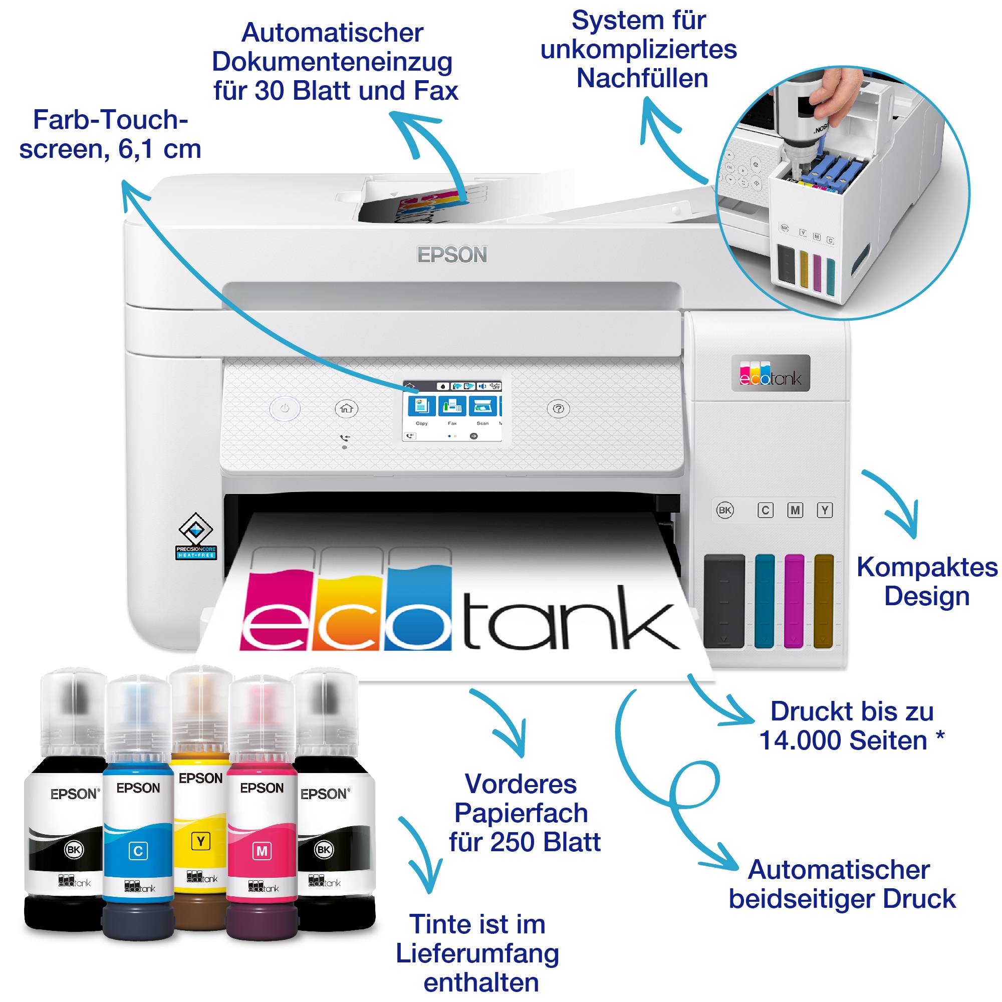 Epson EcoTank ET-4856 Multifunktionsdrucker Tintenstrahl Farbe A4 Drucker, Scanner, Kopierer, Fax ADF, Duplex, LAN, Tintentank-System, USB, WLAN