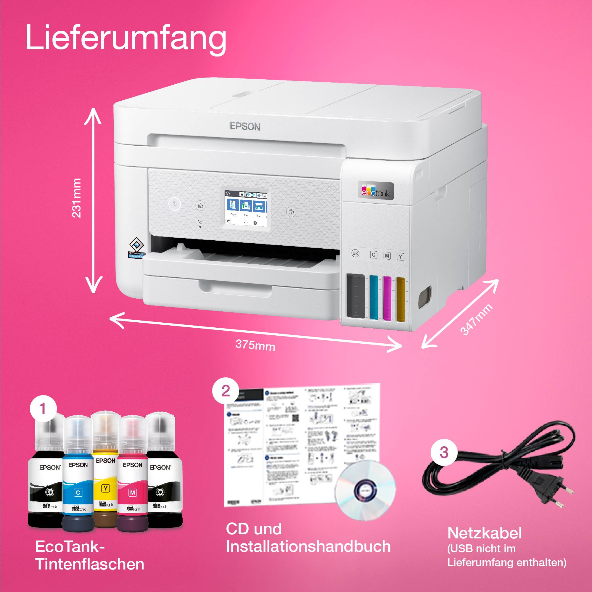 Epson EcoTank ET-4856 Multifunktionsdrucker Tintenstrahl Farbe A4 Drucker, Scanner, Kopierer, Fax ADF, Duplex, LAN, Tintentank-System, USB, WLAN