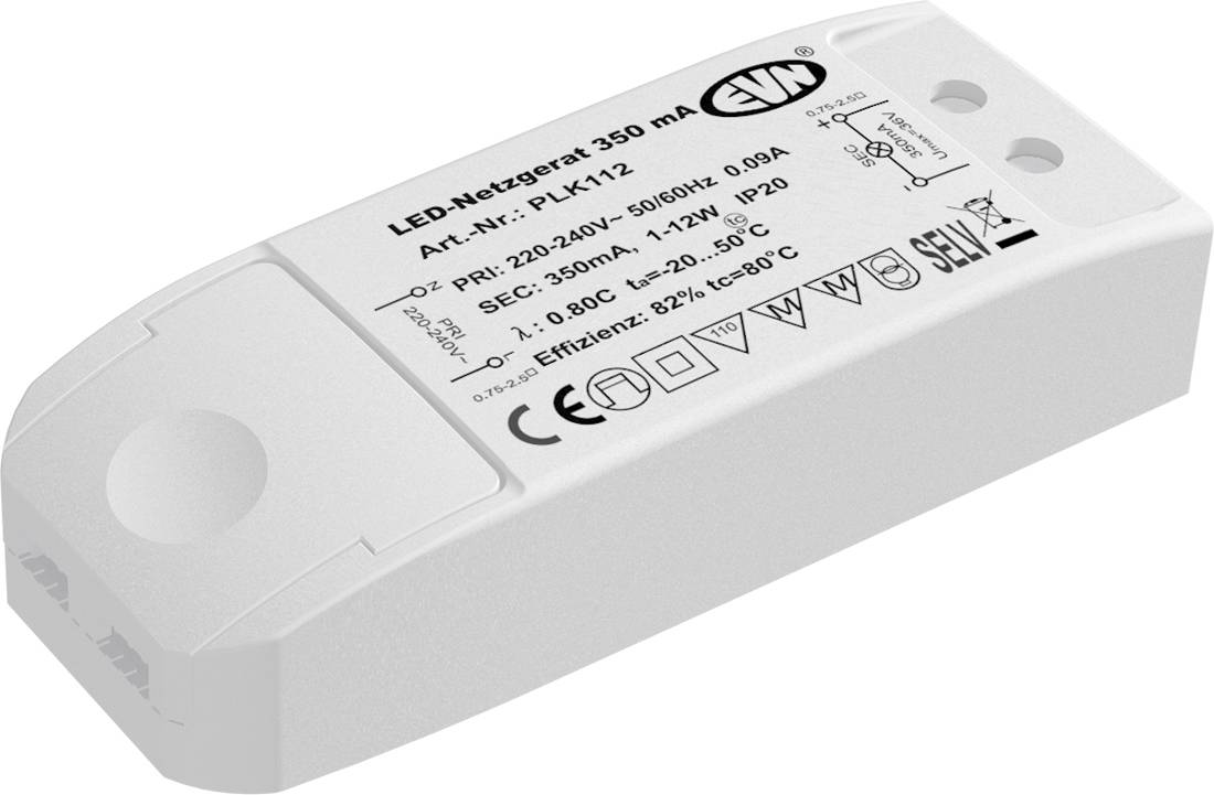 Weißes rechteckiges LED-Stromversorgungstreiber mit der Beschriftung „LED-Netzgerät 350 mA