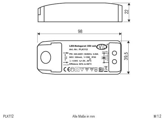 Technische Zeichnung eines LED-Treiber-Moduls mit der Bezeichnung PLK112, mit Vorder- und Seitenansichten und Abmessungen von 98 mm Länge und 39,5 mm Breite sowie 22 mm Höhe.